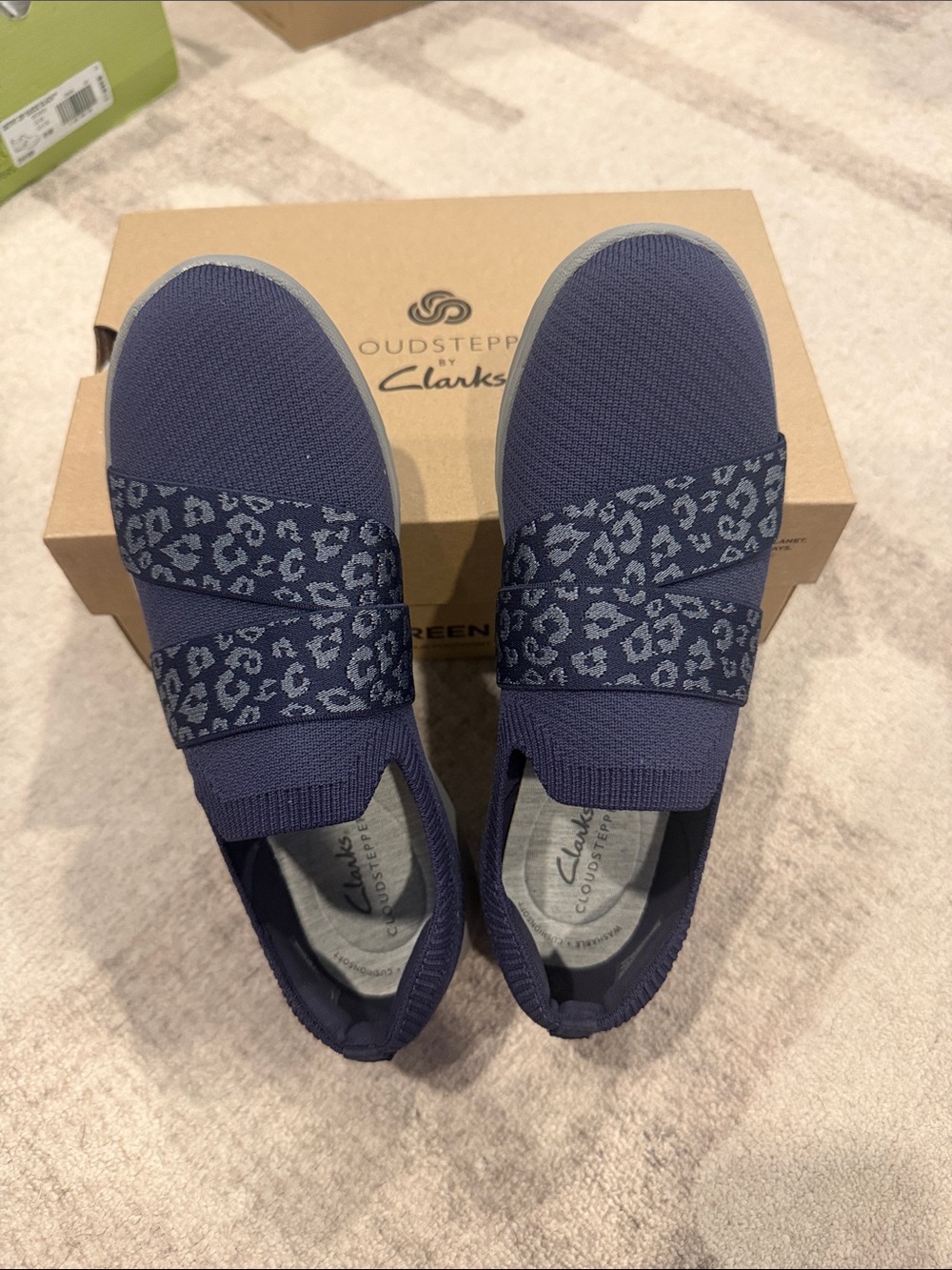 Clarks Women’s Navy Slip-On Sneakers with Leopard Elastic Strap